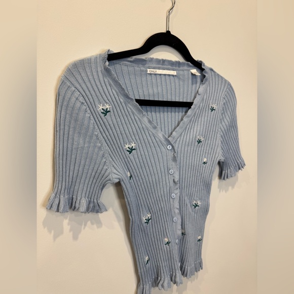 Only Light Blue Ribbed Cardigan Floral Embroidery Ruffle Trim- Size Small - Picture 4 of 9